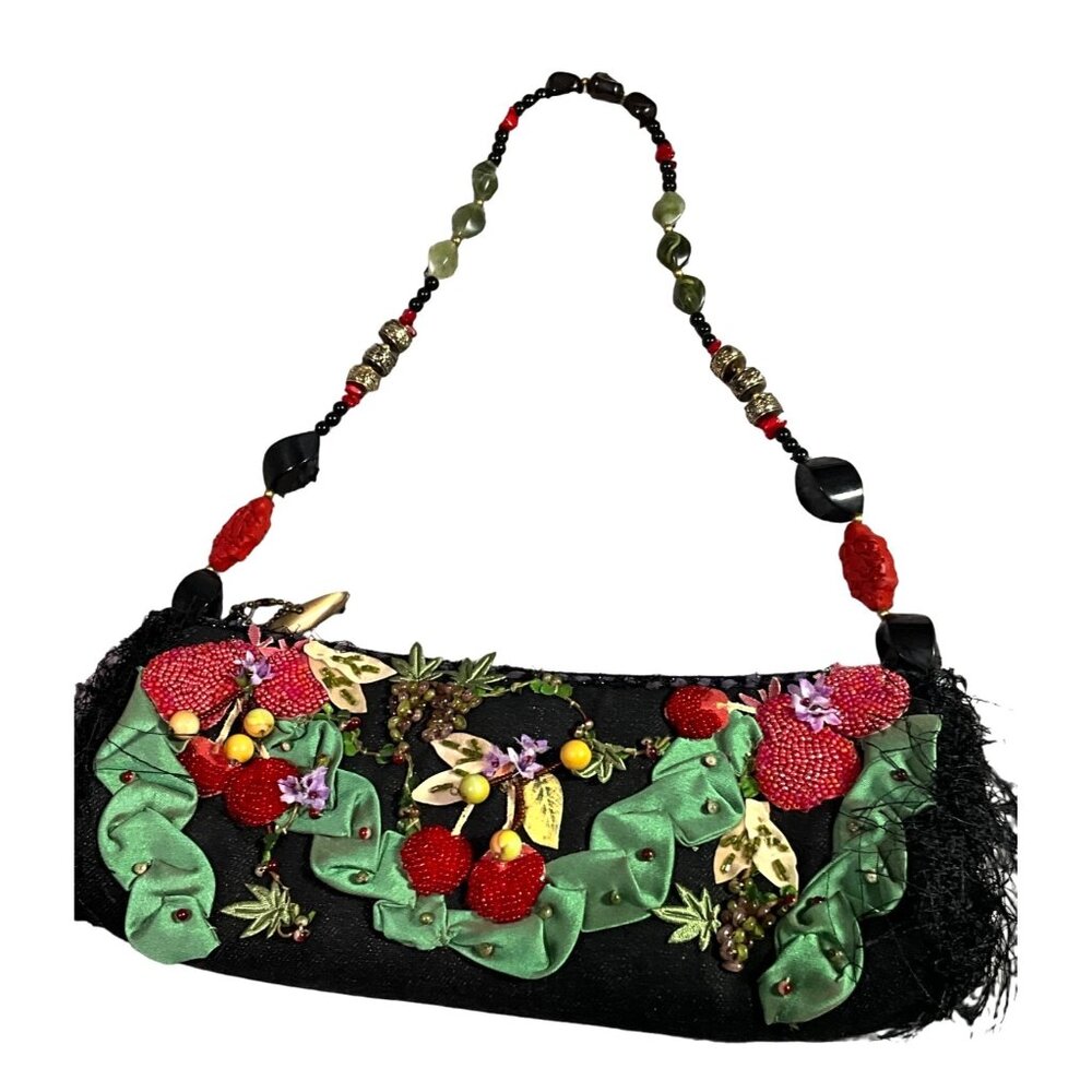 Mary Frances Black Evening Bag With Beaded Fruit & Fringe Embellishments